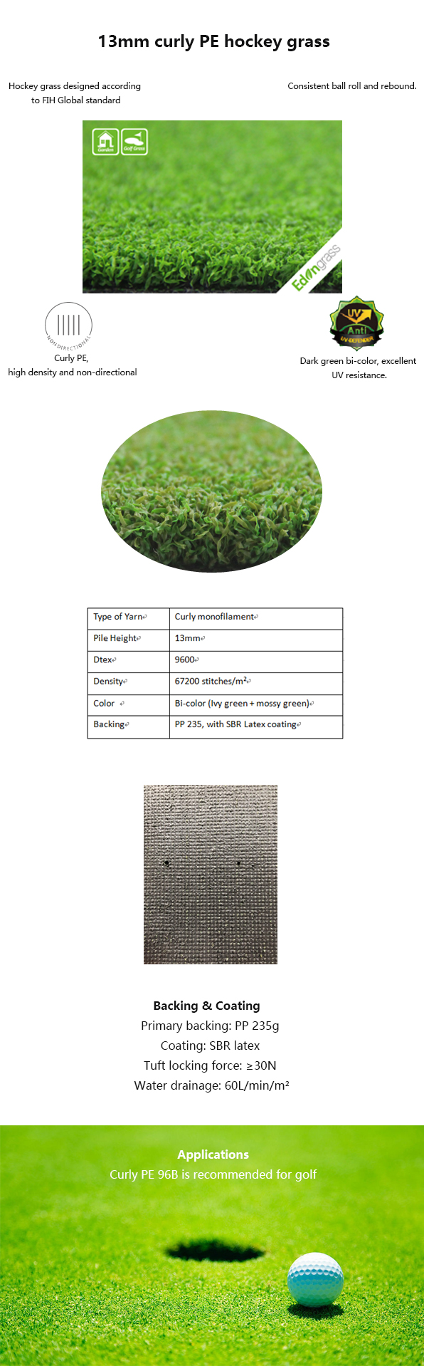 パット用グリーンの総合的な芝生のゴルフ耐久力のある人工的な草13mの高さ 0